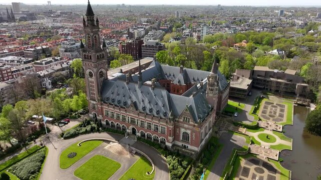 Aerial view of The Peace Palace (Vredespaleis) in The Hague , Netherlands. Building of International Court of Justice in Den Haag, Holland. Netherlands, Europe from above