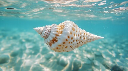透き通る海中に漂う美しい巻き貝