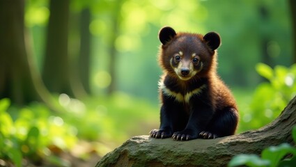 Obraz premium Adorable Young Bear Cub Perched on Forest Rock, Gazing Directly at the Camera with Innocent Eyes