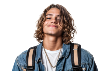 png, transparent background,  student looking at the camera, smiling with a backpack and with an enthusiastic expression