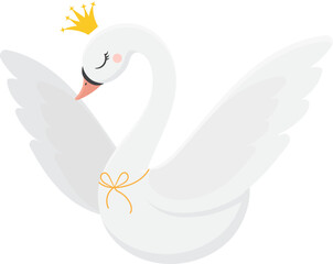Cute illustration of a white swan wearing a golden crown, with open wings and a golden ribbon, perfect for children s book illustrations, greeting cards, baby shower invitations and wall art