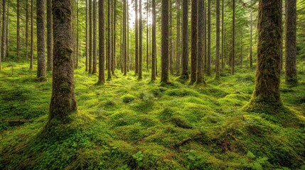 Fototapeta premium Forest floor covered with green moss and tall straight trees
