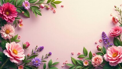 A Delicate Arrangement of Pink and Purple Blossoms with Lush Green Foliage on a Soft Pink Background