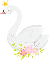 Cute illustration of a majestic white swan wearing a golden crown and surrounded by pink flowers and green leaves, creating a dreamy and elegant atmosphere