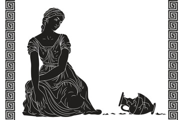 An ancient Greek woman in a tunic sits on the floor next to a broken jug of wine and water. Figure isolated on white background