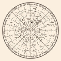 Ancient star map with months and days. Zodiac signs and constellations on the map isolated on beige background