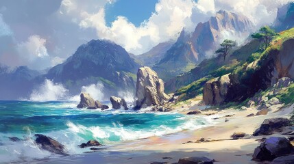 Obraz premium Beautiful coastal scene features rocky outcrops and mountains backdrop