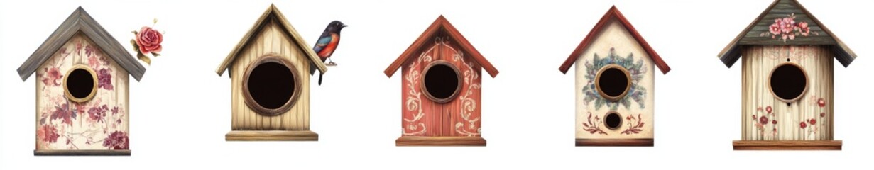 Five painted birdhouses, white background, floral designs, springtime