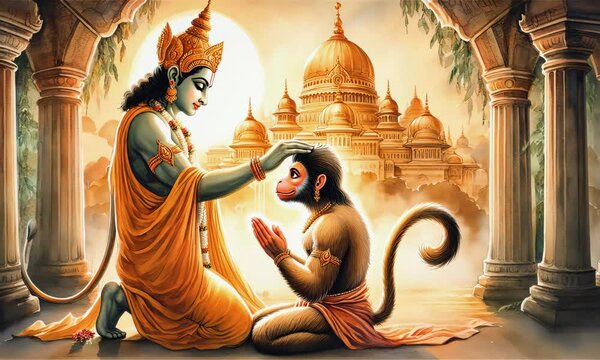 Divine blessing ceremony lord rama and hanuman sacred temple artwork spiritual realm close-up focus