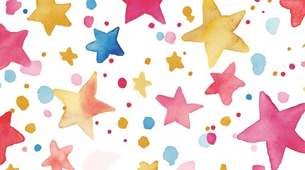 Watercolor Stars and Confetti Seamless Pattern.
