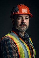 Fototapeta premium Construction Worker Portrait Man in Hard Hat and Safety Vest