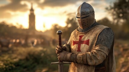 knight clad in armor with a cross embossed on the chest grips a sword, standing resolutely in a lush field. sun sets behind a distant castle, casting a warm glow