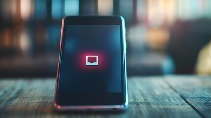 Close-up of a smartphone displaying low battery icon on screen, placed on wooden table. Concept of energy depletion, technology dependency, and need for recharging in daily life.