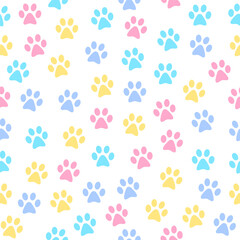 Vector seamless pattern with colorful paw print. Cute animal background.