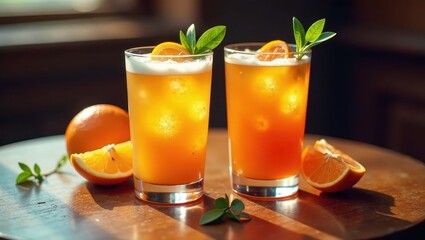 Refreshing citrus highballs, garnished with orange slices and fresh herbs, illuminated by sunlight on a wooden table.