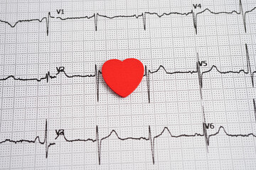 Red heart on Electrocardiogram paper to test check the heartbeat.