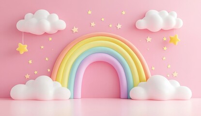 Pastel rainbow backdrop, clouds, stars, pink studio, baby photoshoot