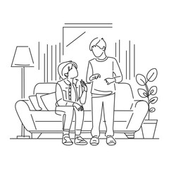 People sitting in living room. Happy elderly people talking, sitting. Living room interior. Flat cartoon vector illustration with fictional character. Spending time together. Conversation and friend.
