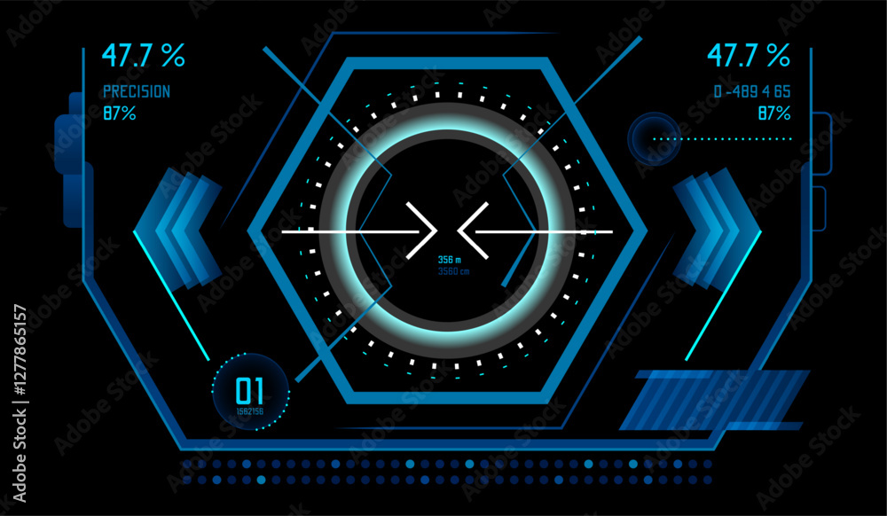 Poster futuristic heads up display interface showing data, statistics, target information, and percentage v