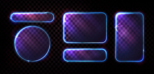 Neon glass frames set with glowing blue edges, purple light effects on transparent background. Geometric shapes collection - circle, rectangle, rounded squares displaying illuminated borders.
