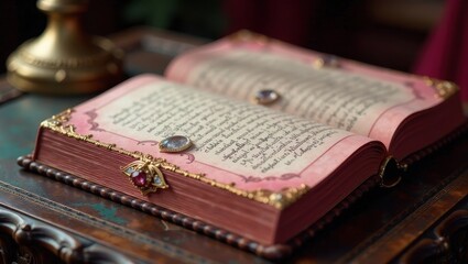 An antique book with ornate gilded edges rests open on a dark wooden surface, adorned with exquisite gemstone embellishments.