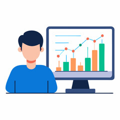 Stock trader watching screen flat vector illustration on white background
