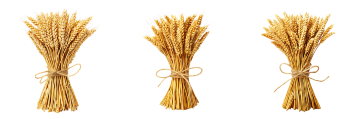 Set of golden wheat stalks tied with twine isolated on a white or transparent background.