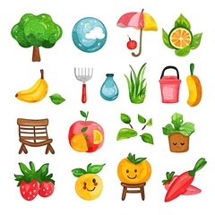 Watercolor Style Cute Fruit, Vegetable, and Nature Icons Collection.