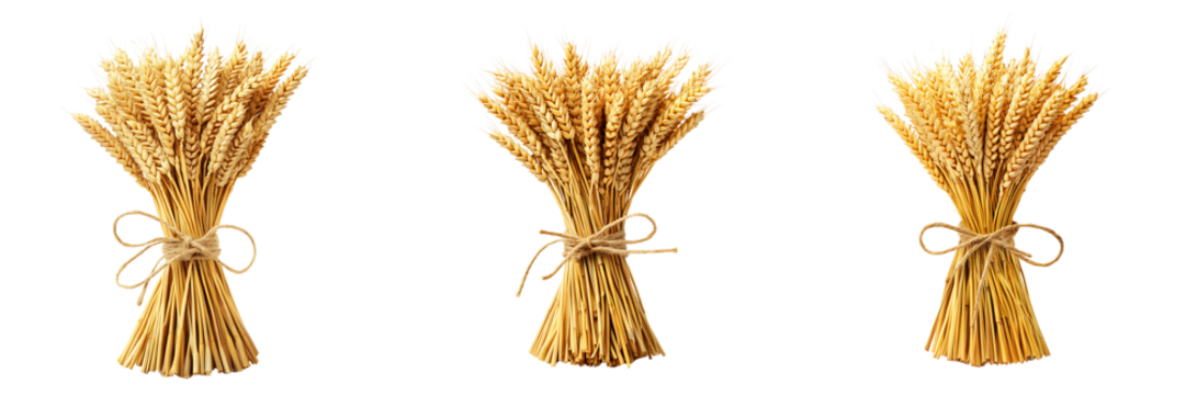 Set of golden wheat stalks tied with twine isolated on a white or transparent background.