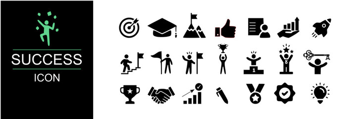 SUCCESS ICON SHEET .Contain winner,success,motivation,medal,target,meaking plan,achivement,focus,focus solid icon set.vector illustration 