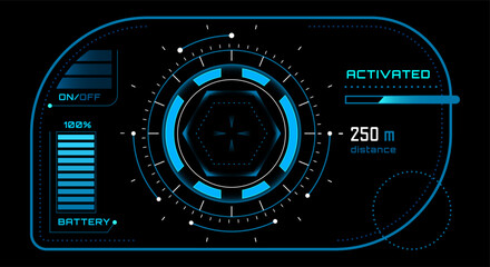 Futuristic blue circular hud on a black background showing battery status, distance and activation status, perfect for video games or futuristic interfaces