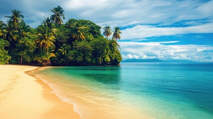 Fototapeta premium Serene Tropical Beach with Clear Water and Lush Greenery