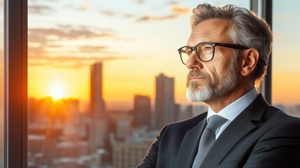 middle-aged businessman stands in an office, gazing thoughtfully out at the skyline as the sun sets, casting a warm glow over the urban landscape and highlighting his contemplative expression