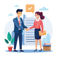 People shaking hands at work - Two businesspeople, man and woman doing handshake in office at work while smiling over business agreement and deal. Flat design stock illustration on white background