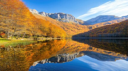Serene Autumn Reflection in A Beautiful Mountain Lake Landscape