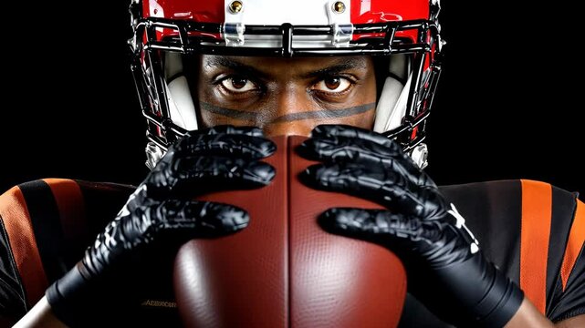 Strong Athlete Prepares for Action With Football in Intense Close-Up Shot