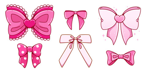 Y2k style pink bows collection with vintage design elements - polka dots, lace trim, heart decoration and sparkle details. Cute kawaii ribbon shapes for retro fashion, stickers or girly accessories.