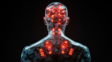 Cybernetic Human with Glowing Red Circuitry Brain