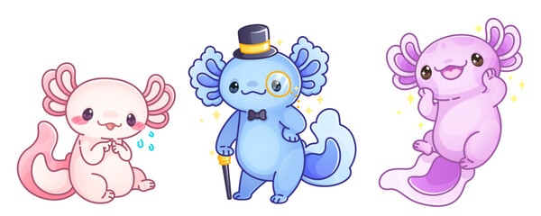 Funny axolotl characters set isolated on white background. Vector cartoon illustration of kawaii style pink and blue salamander animals smiling, wearing hat and monocle, education mascot, doodle art