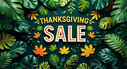 thanksgiving sale lettering on jungle leaves background