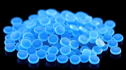 Pile of translucent blue disks on a black background. Close-up view, highlighting their smooth surface and vibrant color.