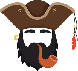 Portrait of a cartoon pirate captain enjoying his pipe with closed eyes, wearing a tricorne hat with feathers and beads, and a gold earring