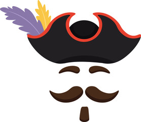 Cartoon illustration of a pirate captain face wearing a black tricorn hat with red brim decorated with purple and yellow feathers, thick brown eyebrows, handlebar mustache and goatee beard