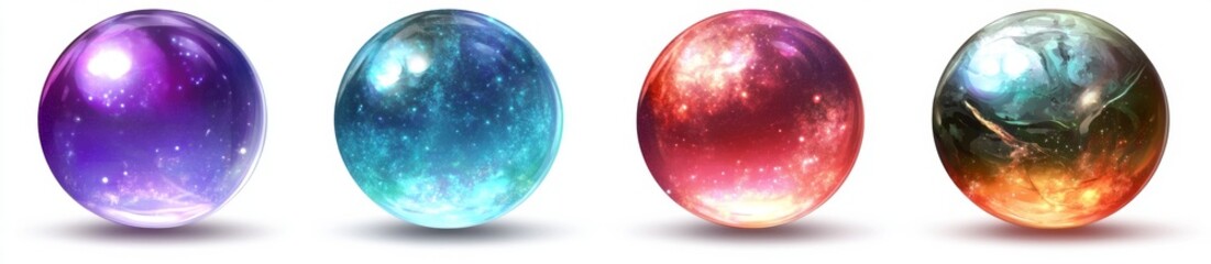 Four glowing orbs, digital art, white background, game asset