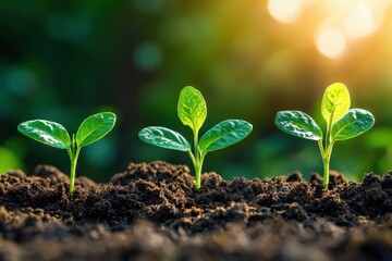 Naklejka premium Three vibrant green seedlings emerge from rich soil bathed in warm sunlight symbolizing growth and renewal against a blurred natural backdrop