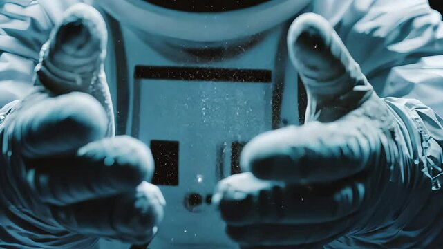 Astronaut hand movements in zero gravity with floating particles