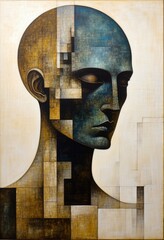 Abstract head of a person is made up of squares. Digital illustration.