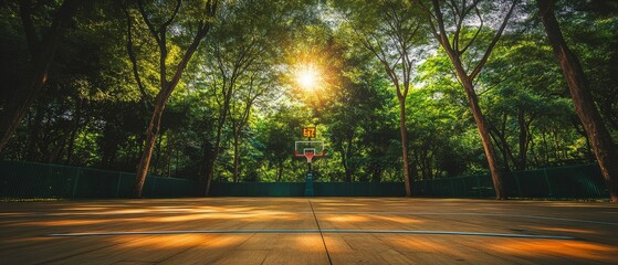 A basketball court with a hoop in the middle of the court