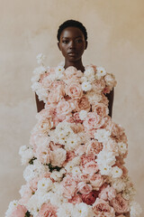 A Black woman is standing against a neutral-toned background, her entire dress made from delicate, soft pink roses and white daisies
