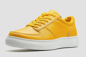 Yellow sneaker with white soles and white laces on a plain background